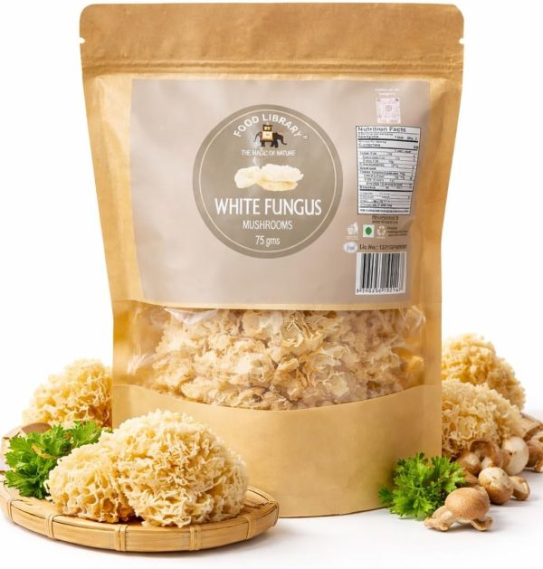 Food Library The Magic Of Nature Dried Snow Fungus Mushrooms, White Fungus, Natural , 75g | Healthy Edible Mushroom for Soups & Desserts