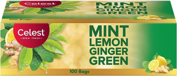 Celest Green Tea - Ginger, Mint & Lemon - 100 Bags | Green Tea Bags 100 Pcs