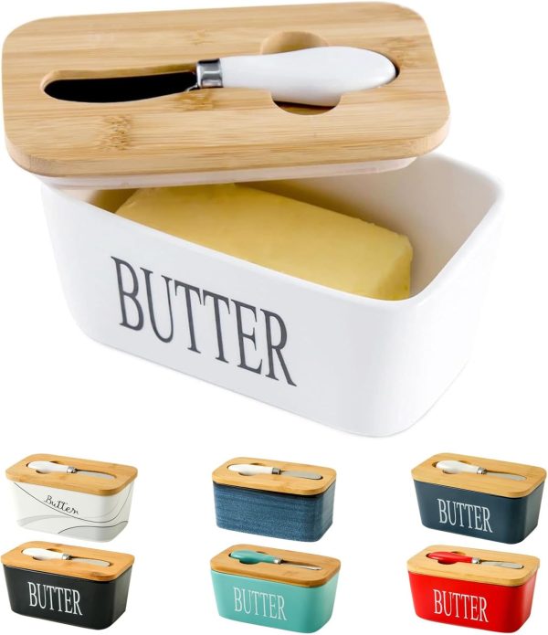 Hasense Ceramic Butter Dish With Lid for Countertop - Covered Holder With Knife for Refrigerator, Airtight Keeper Container Storage With Silicone Sealing for East West Coast Butter, White