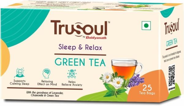 Baidyanath Natural Herbal Sleep and Relax Green Tea, Infused with Lavender and Chamomile, Promotes Sleep and Calms Mind with Benefits of a Relaxing Herbal Kadha (25 bags)
