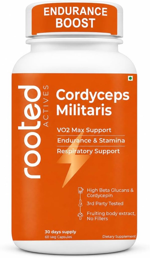 Rooted Actives Cordyceps Militaris Mushroom Extract 500mg Capsules | Fruiting Body | Supports VO2 Max, Endurance & Respiratory Health | 60 Veg Capsules