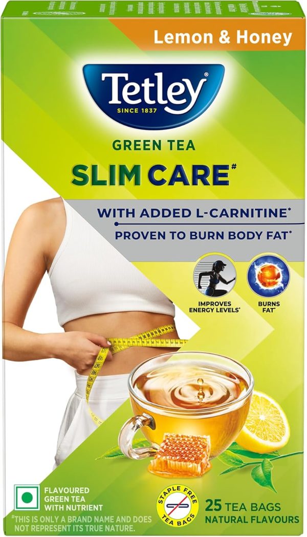 Tetley Green Tea Slim Care, With Added L-Carnitine, Helps Burn Body Fat, Boosts Energy, Low Calories, Delicious Natural Lemon and Honey Flavours, Makes 25 cups