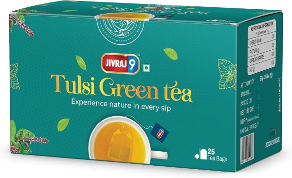 Jivraj9 Tulsi Green Tea | 25 Biodegradable Tea Bags | Herbal Green Tea for Immunity & Stress Relief | Holy Basil Infusion | Detox & Antioxidants | Low Caffeine | Daily Wellness Tea