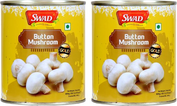 SWAD Premium Canned Button Mushrooms in Brine | Protein-Rich & High in Fiber | Gluten-Free & Low Calorie | Farm Fresh, Vegan & Ready-to-Eat Mushrooms | 800g (Pack of 2)