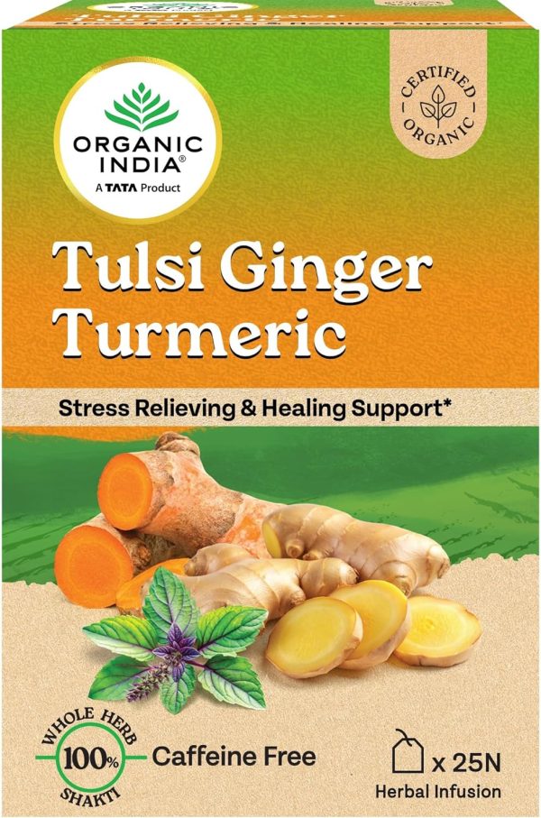A TATA Product - Organic India Tulsi Ginger Turmeric - 25 Tea Bags, Boosts Immunity, Supports Healing & Recovery, Rich in Antioxidants, Made with Tulsi, Turmeric, Cinnamon, and Pepper